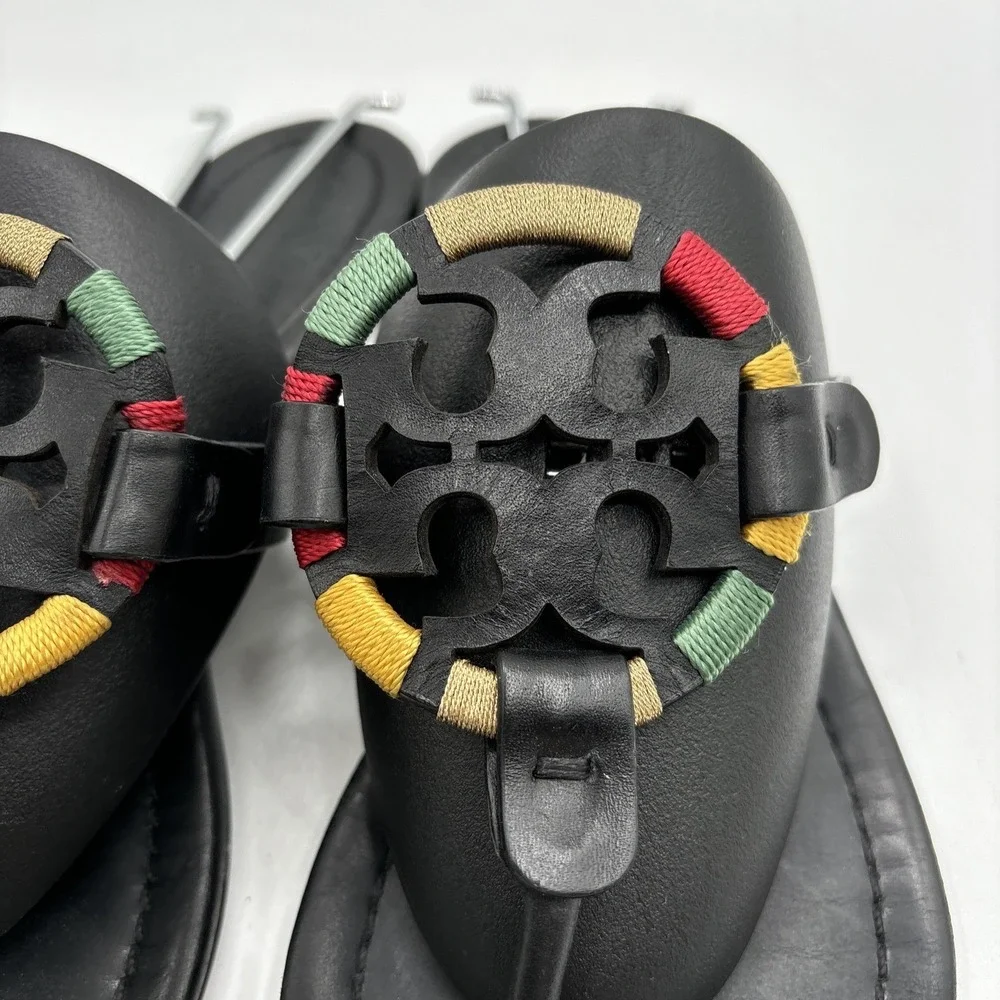 Tory Burch Miller Flats Women's 7 Black Thong Embroidered Colorful Logo Sandals